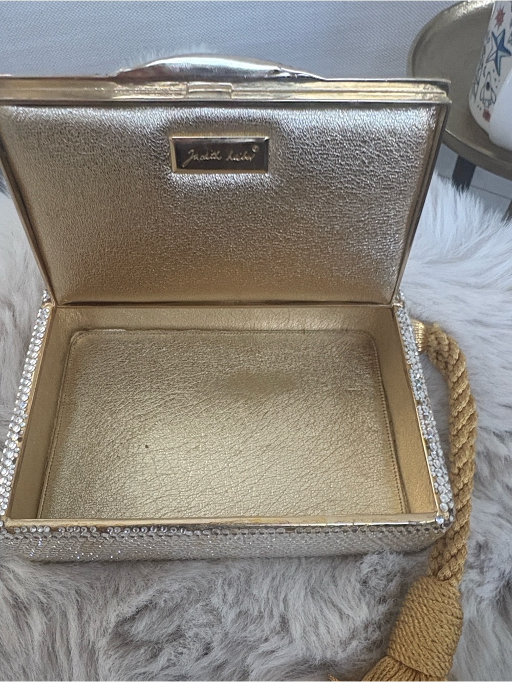 Gold Metallic Minaudière Clutch with Crystal Trim